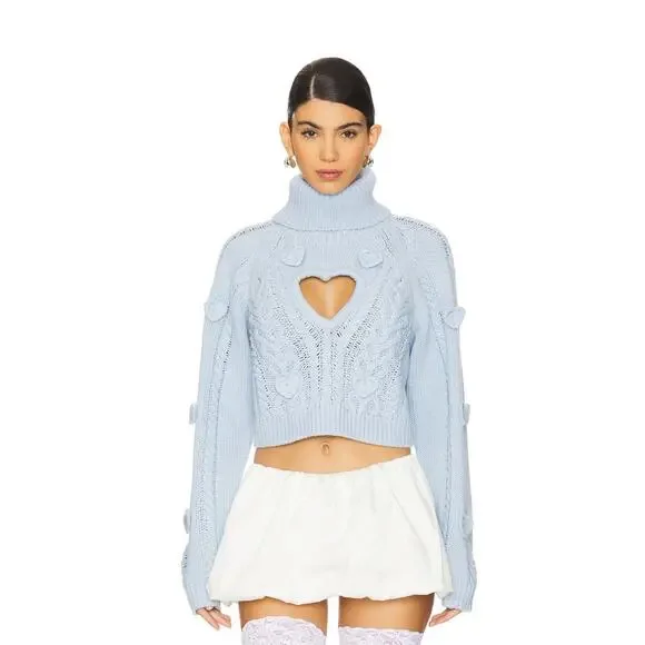NWT FOR LOVE & LEMONS Rebecca Heart Sweater Size S & M in Blue Knit Turtle Neck - Picture 4 of 11